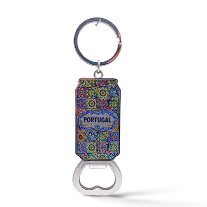 Keychain bottle opener featuring a colorful tile pattern with "Portugal" written in the center. The intricate design includes a mix of geometric and floral elements in vibrant colors. Perfect as a souvenir, the top has a circular keyring, and the bottom has a metal opener.