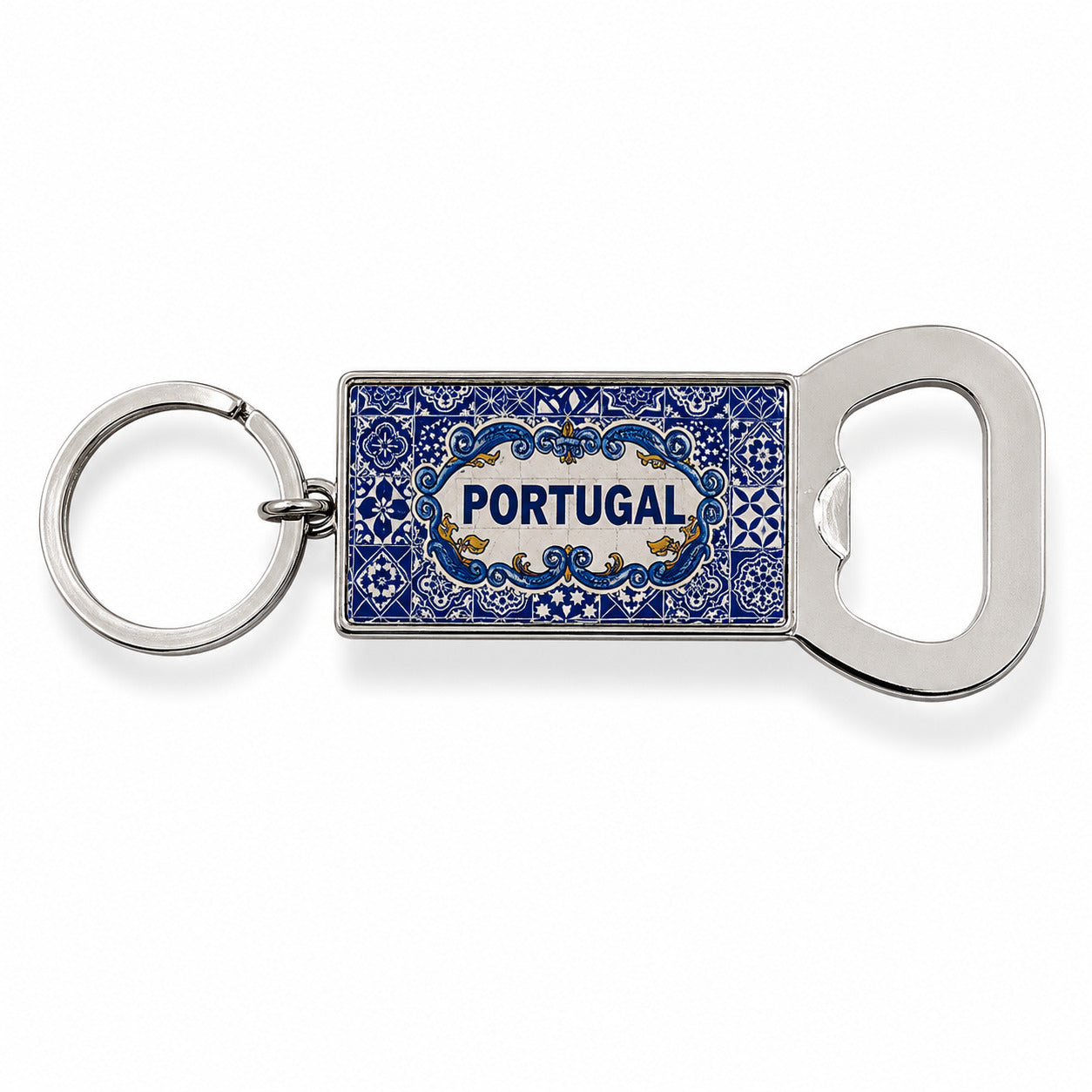 A rectangular keychain with an attached bottle opener featuring intricate blue designs and the word "Portugal" in the center. The circular, metallic ring contrasts beautifully with the blue and silver-toned opener, making it a perfect keepsake or magnet for any travel enthusiast.