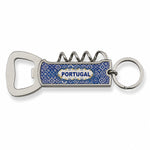 A silver metal keychain with an attached blue bottle opener featuring a decorative design. The multifunctional opener includes a corkscrew, a flat bottle cap opener, and a compact knife. This elegant souvenir stands out against its plain white background.