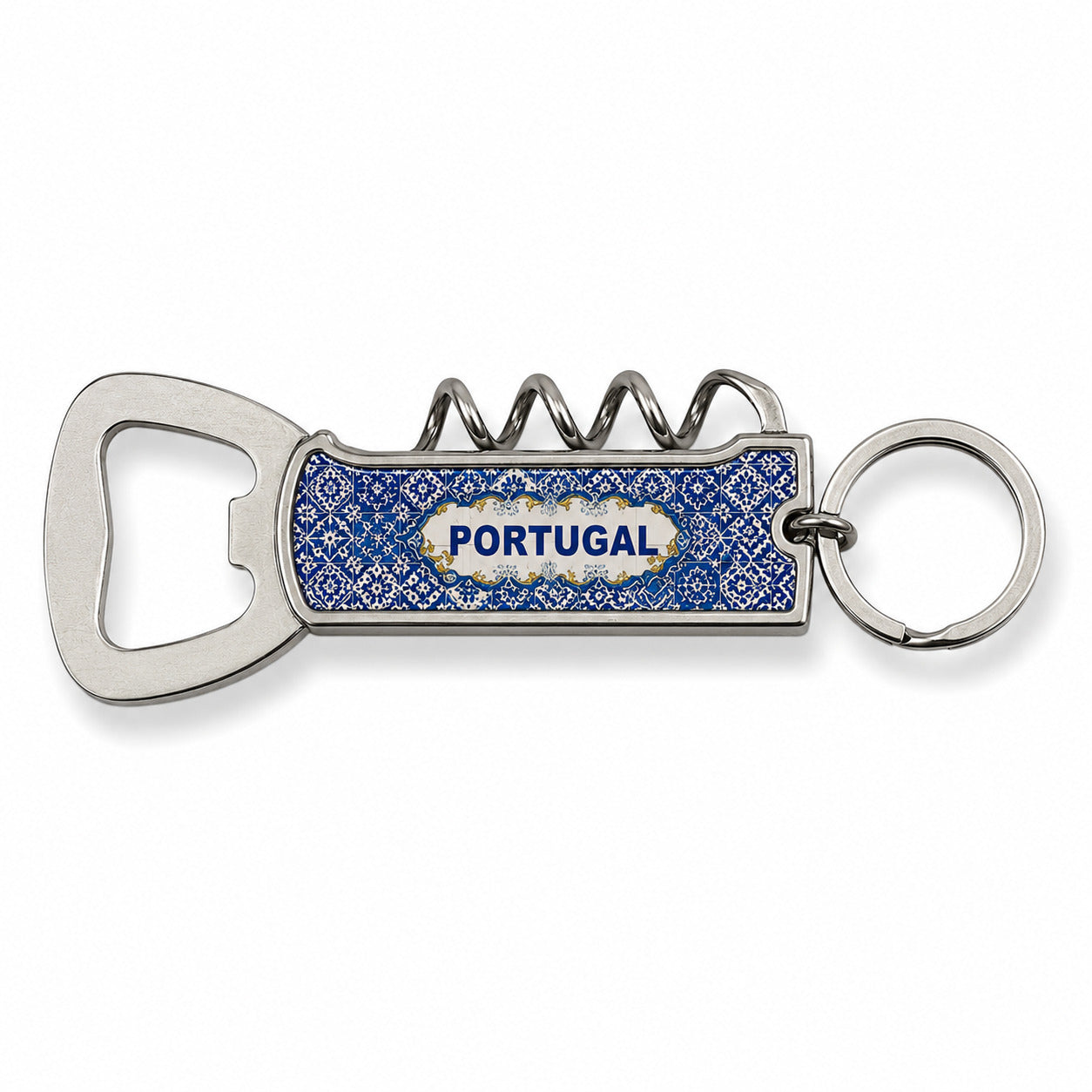 A silver metal keychain with an attached blue bottle opener featuring a decorative design. The multifunctional opener includes a corkscrew, a flat bottle cap opener, and a compact knife. This elegant souvenir stands out against its plain white background.