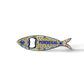 A fish-shaped metal bottle opener with intricate, colorful patterns is displayed against a plain background. The word "PORTUGAL" is prominently featured in blue on the sardine's body. This charming souvenir also doubles as a magnet, making it a perfect keepsake for your fridge.