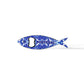 A metal bottle opener shaped like a sardine, decorated with colorful and detailed patterns. The word "PORTUGAL" is prominently displayed in blue across the body, and it also functions as a magnet, making it a perfect addition to your fridge.