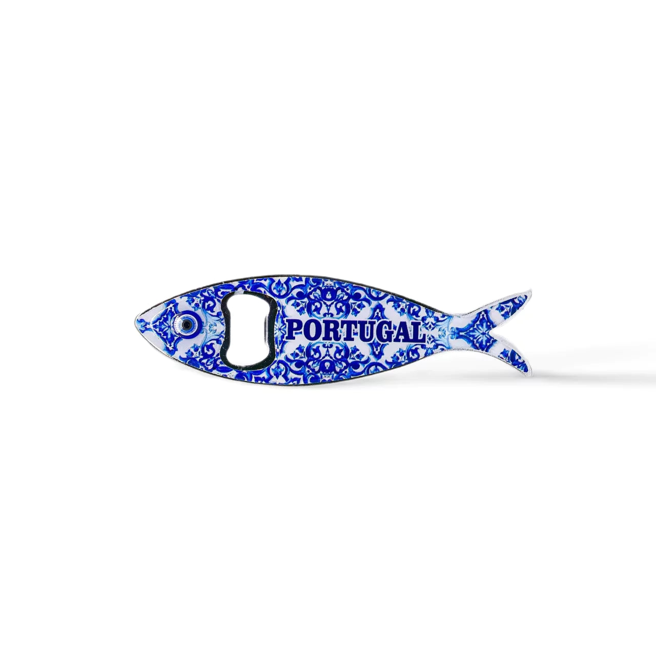A metal bottle opener shaped like a sardine, decorated with colorful and detailed patterns. The word "PORTUGAL" is prominently displayed in blue across the body, and it also functions as a magnet, making it a perfect addition to your fridge.