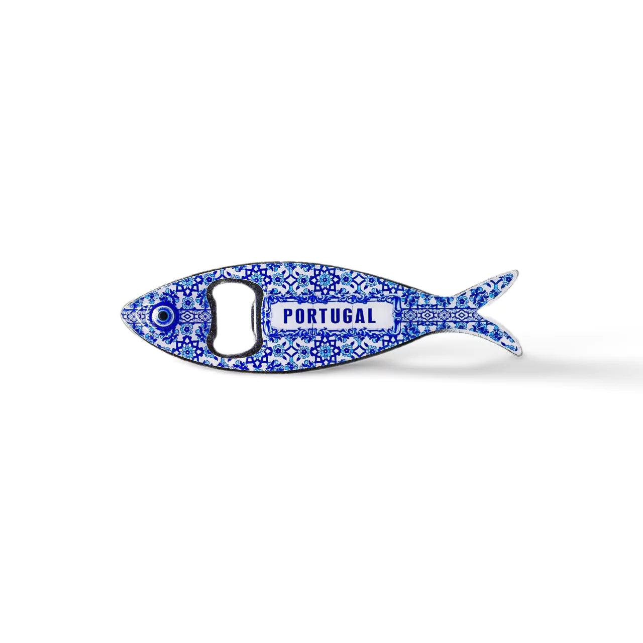 A fish-shaped bottle opener made of metal, showcasing colorful, intricate designs. "PORTUGAL" is written in blue along the sardine’s body, and it doubles as a magnet, adding a touch of Portuguese charm to your fridge.