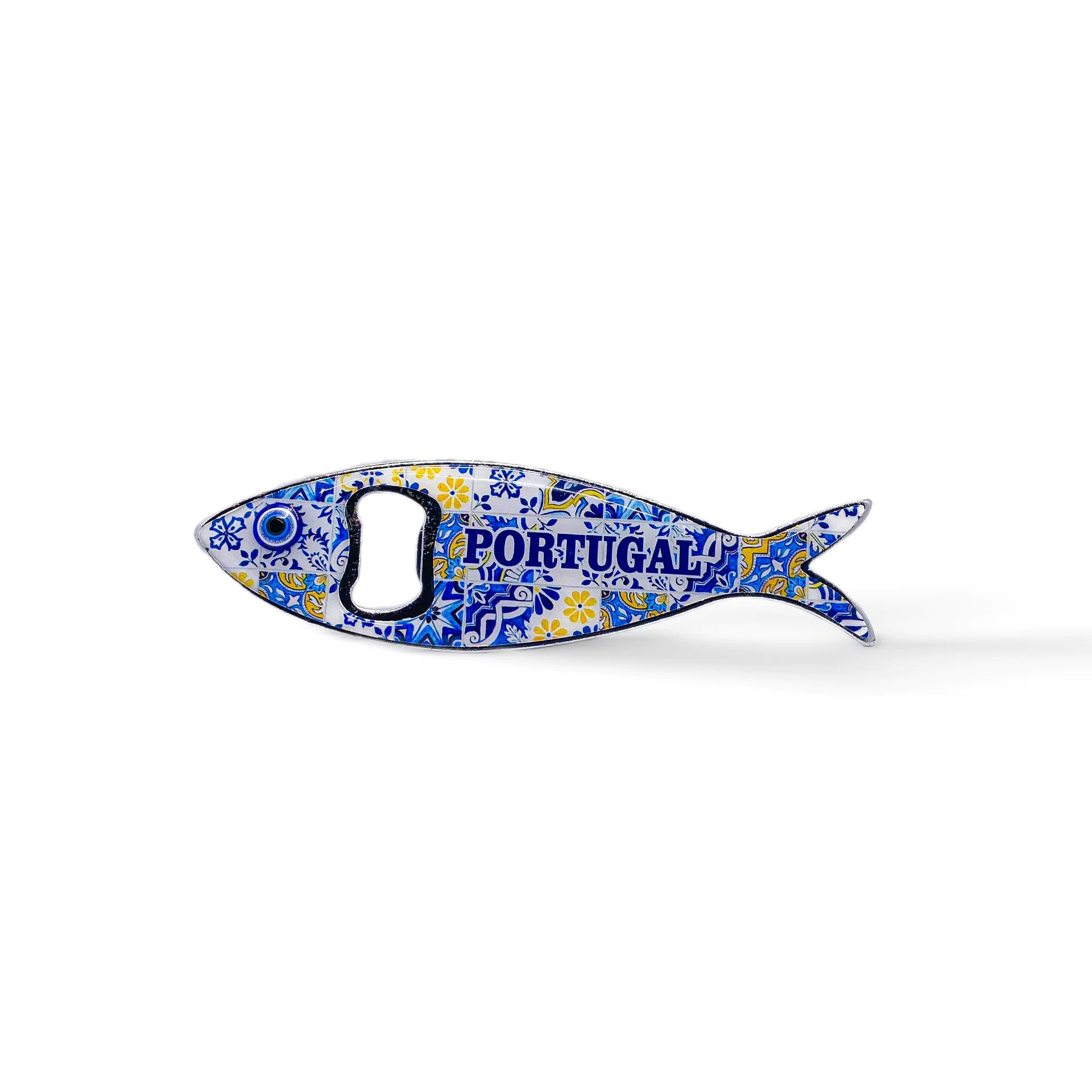A metal bottle opener shaped like a fish, featuring vibrant, intricate patterns. The word "PORTUGAL" is boldly displayed in blue on the sardine’s body. This versatile souvenir also functions as a magnet, perfect for displaying on your fridge.
