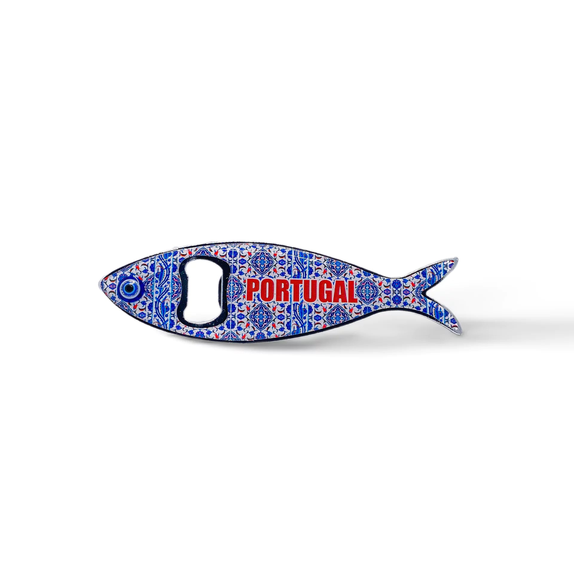 A fish-shaped bottle opener made of metal, showcasing colorful, intricate designs. "PORTUGAL" is written in blue along the sardine’s body, and it doubles as a magnet, adding a touch of Portuguese charm to your fridge.