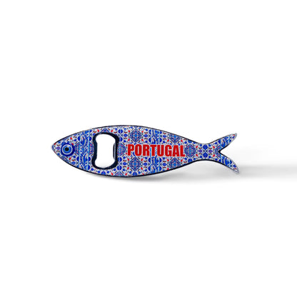 A fish-shaped bottle opener made of metal, showcasing colorful, intricate designs. "PORTUGAL" is written in blue along the sardine’s body, and it doubles as a magnet, adding a touch of Portuguese charm to your fridge.