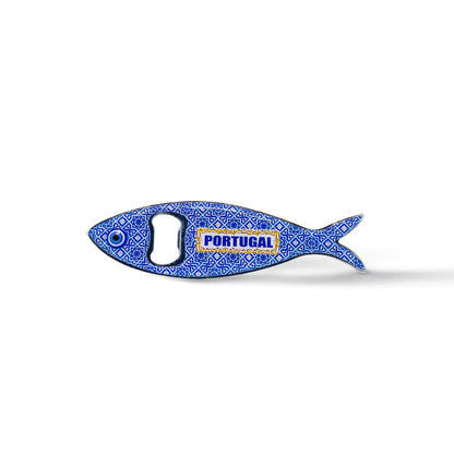 A colorful fish-shaped bottle opener, crafted from metal, with intricate designs and "PORTUGAL" displayed in bold blue lettering on its body. It also doubles as a magnet, making it a perfect functional keepsake.