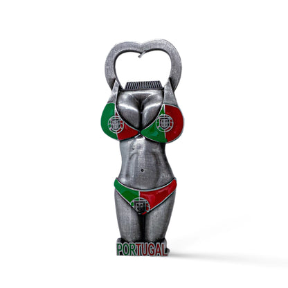 A metallic bottle opener designed as a kneeling Portuguese girl with her hands placed behind her head. She wears a bikini showcasing Portugal's colors and emblem, with "Portugal" inscribed at the top. The opener features a magnet on the back, perfect for attaching to any metal surface.