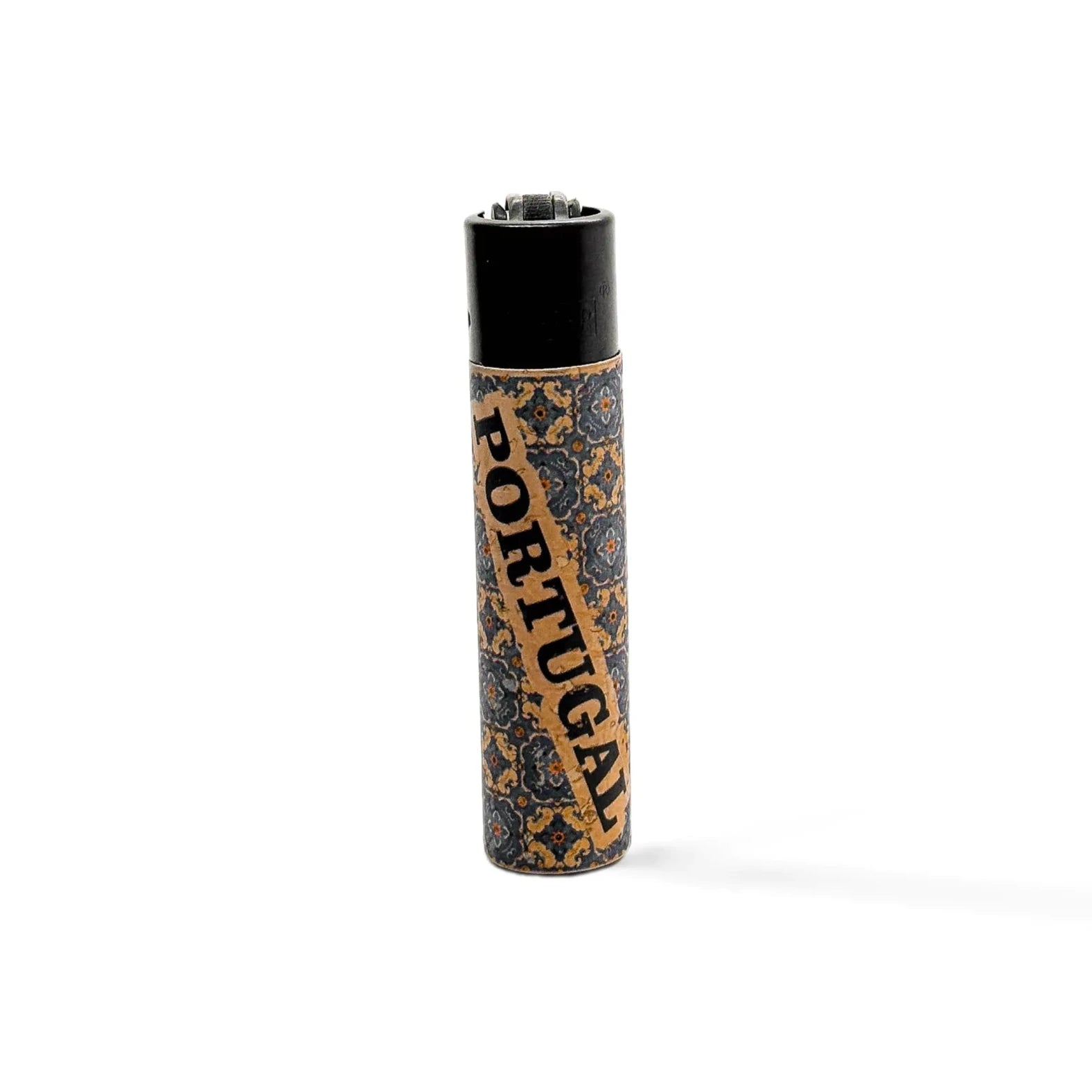 A lighter with a design featuring intricate patterns and the word "PORTUGAL" written vertically along the side. The lighter has a black top, a decorative base with an orange and black pattern reminiscent of traditional cork designs. The background is plain white.