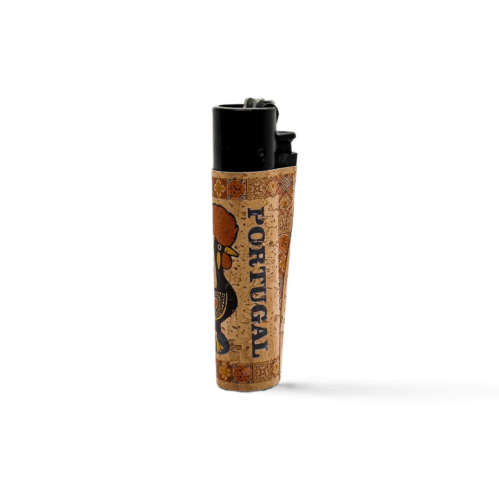 A souvenir lighter with a decorative wrap featuring the word "PORTUGAL" and traditional Portuguese artwork, including a colorful rooster design. The lighter has a black top and is set against a plain white background.