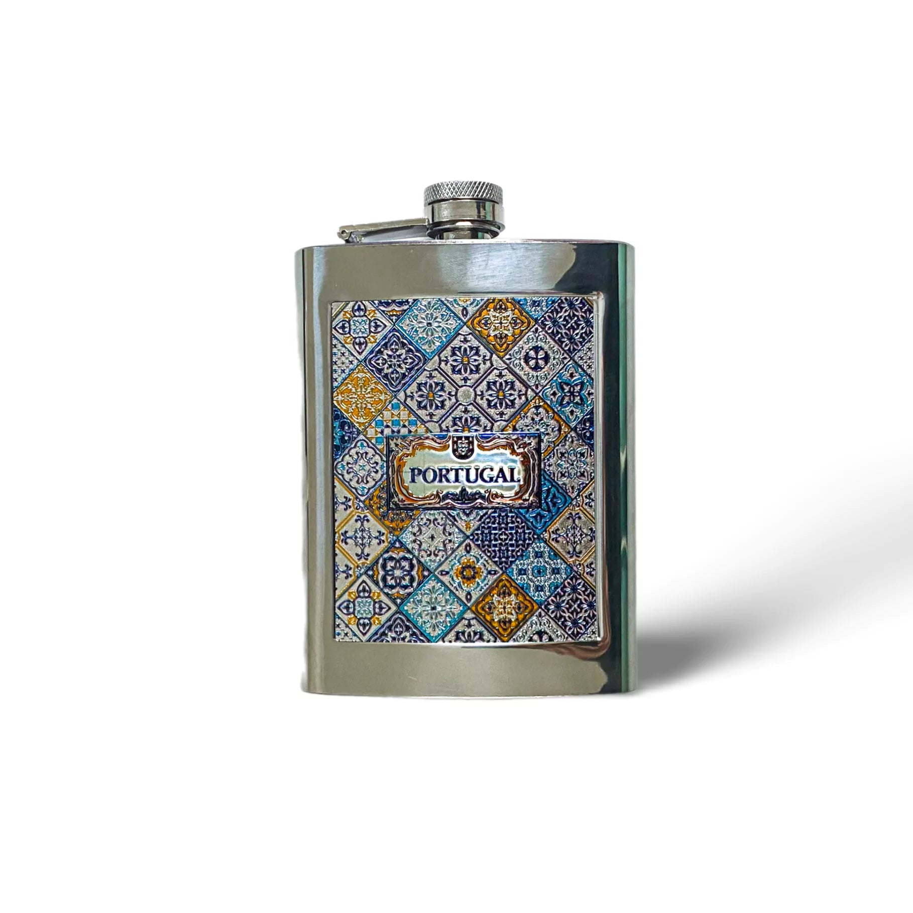 A stainless steel flask with a patchwork of blue, yellow, and white tile patterns and the word "PORTUGAL" in the center. The cap is attached with a small hinge, making it a perfect souvenir. The flask rests on a white background with a slight shadow on one side.