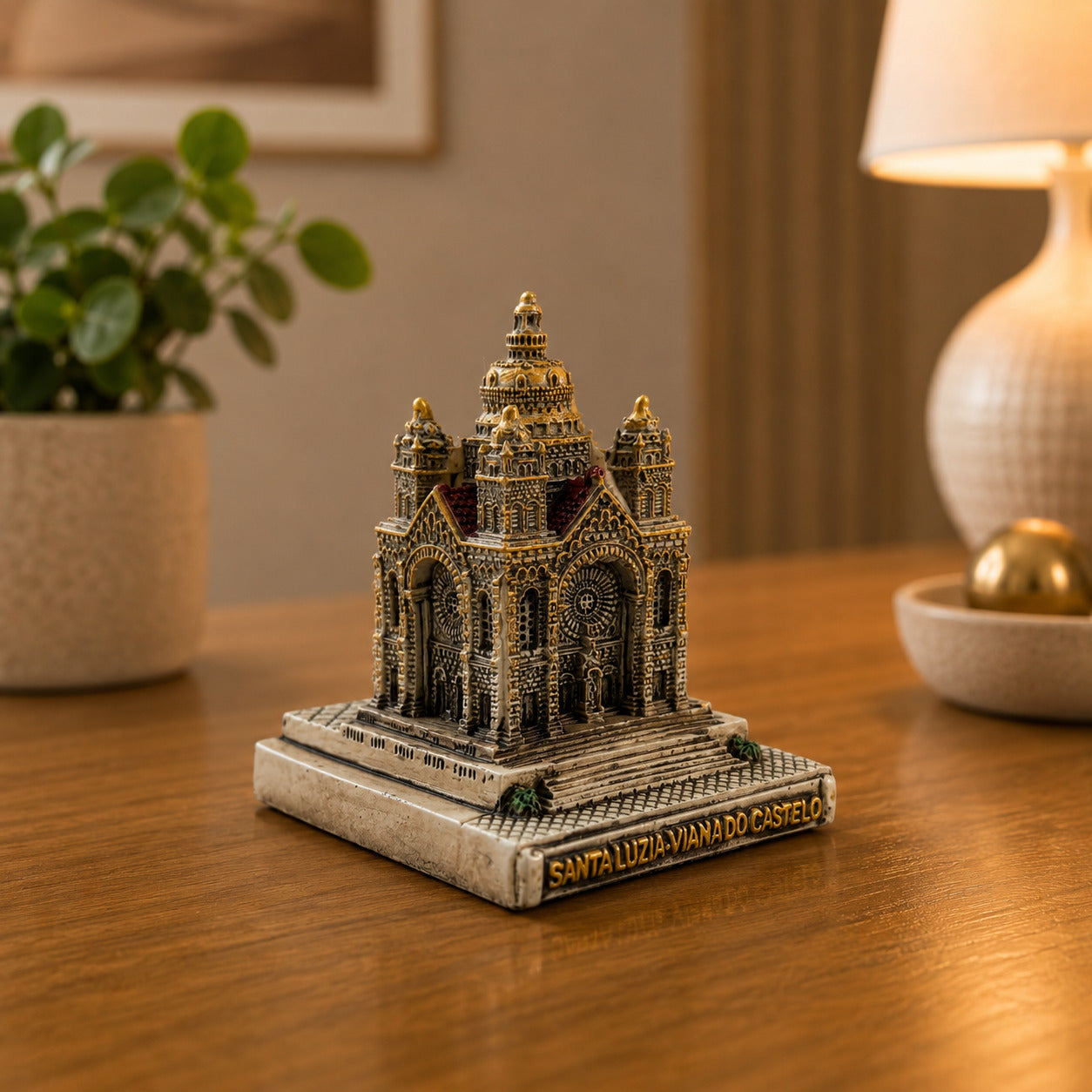 Three-quarter view of a Santa Luzia Basilica miniature souvenir displayed on a wooden table, highlighting its intricate details and elegant finish.