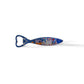 A fish-shaped metal bottle opener with a heart-shaped handle. The body is intricately decorated with a colorful cityscape design, including buildings and landmarks, reminiscent of Portugal. The opener's predominant color is blue and includes a magnet for easy display as a charming souvenir.