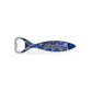 A metal fish-shaped bottle opener adorned with intricate blue and white patterns, reminiscent of Portuguese azulejos tiles. The word "Portugal" is prominently displayed on its side, and a small magnet on the back ensures it sticks to your fridge. The bottle opener end is at the fish's tail.