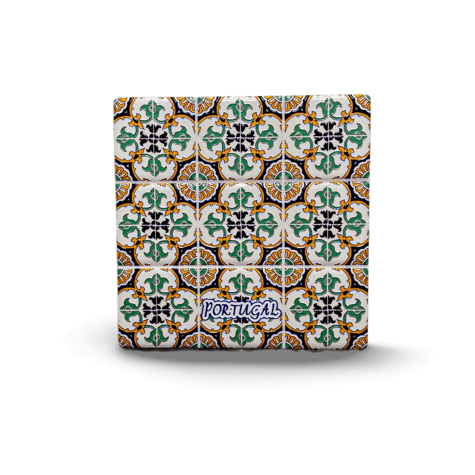 This intricate ceramic tile showcases a blend of vibrant geometric and floral patterns, primarily in shades of white, green and yellow. The word "PORTUGAL" stands out in white, making it an ideal keepsake for travelers or a standout piece for any cork coaster collection.