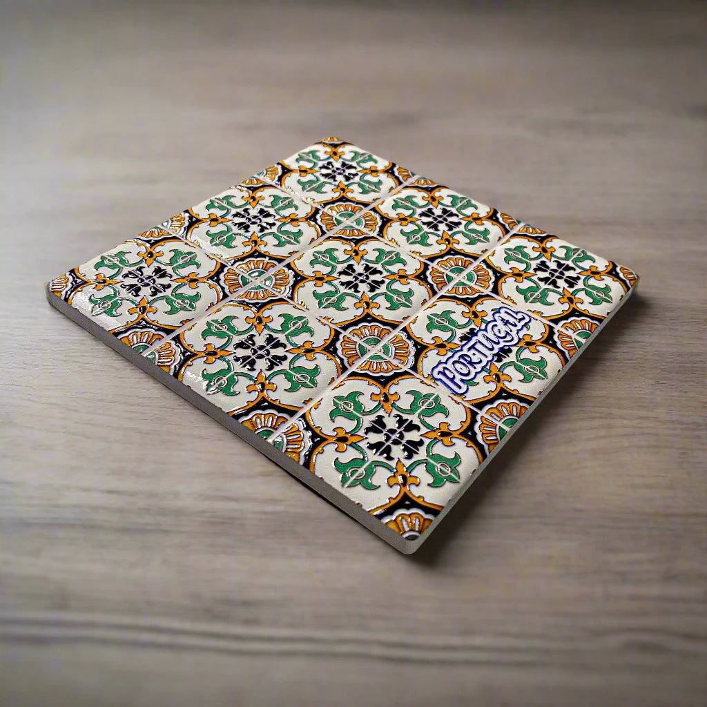 This detailed ceramic tile features a vibrant mix of geometric and floral patterns, mainly in shades of white, green, and yellow. The word "PORTUGAL" is highlighted in white, making it a perfect memento for travelers or a unique addition to a cork coaster set.