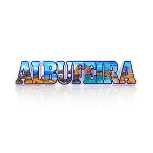 Magnet with the word “Albufeira” in large capital letters, each filled with scenic photographs of beaches, cliffs, and coastal views from the Algarve region