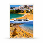 Front view of Albufeira souvenir playing card box featuring golden beaches, cliffs, ocean views, and white buildings.