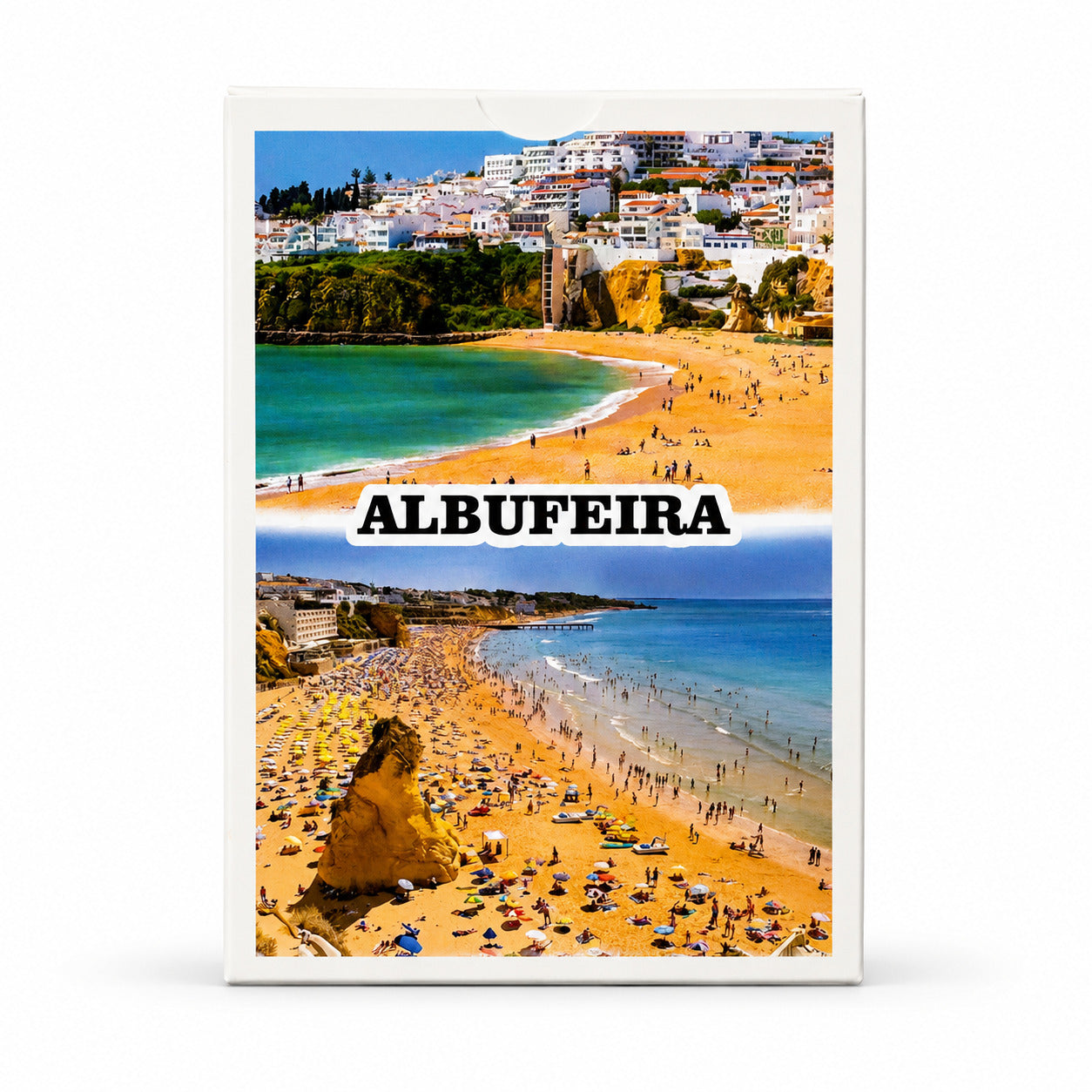 Front view of Albufeira souvenir playing card box featuring golden beaches, cliffs, ocean views, and white buildings.