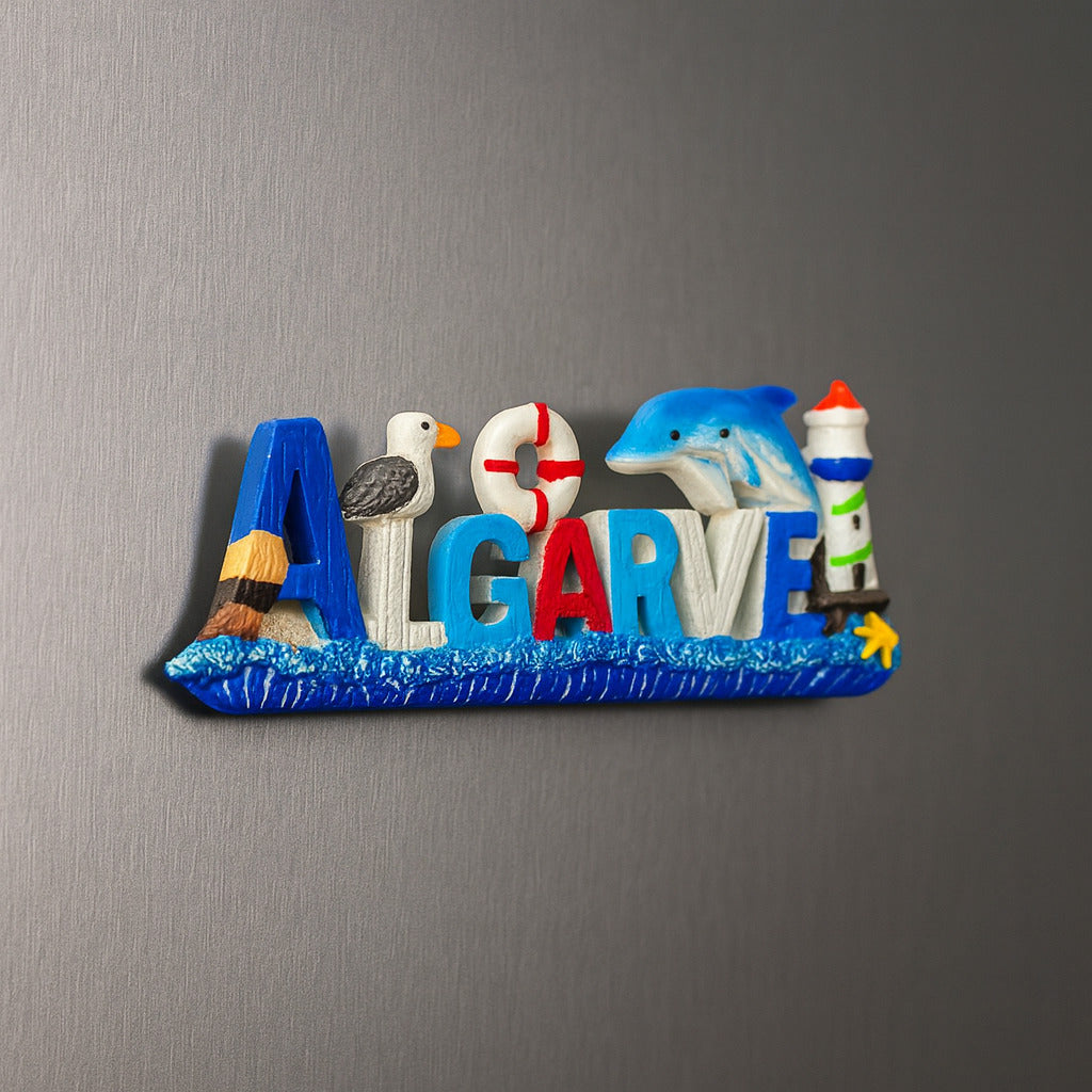 Decorative sign with 'ALGARVE' and ocean-themed characters on a gray background