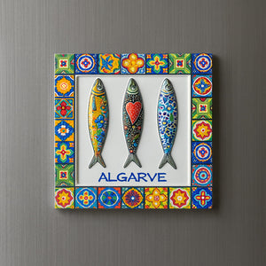 Decorative tile with three fish designs and 'Algarve' text on a colorful border against a gray background.