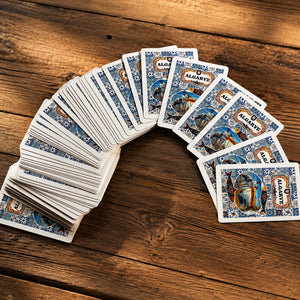 Algarve souvenir playing cards spread on a rustic wooden table, showing an azulejo-inspired back design with sardines and traditional Portuguese fishing artwork.