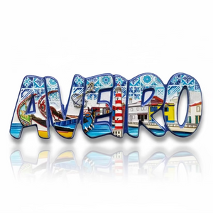 Aveiro souvenir magnet with moliceiro boat, lighthouse, canals and tile-inspired decorative patterns