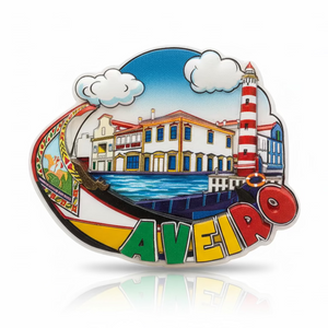 Aveiro souvenir magnet with illustrated moliceiro boat, canals, lighthouse and waterfront buildings