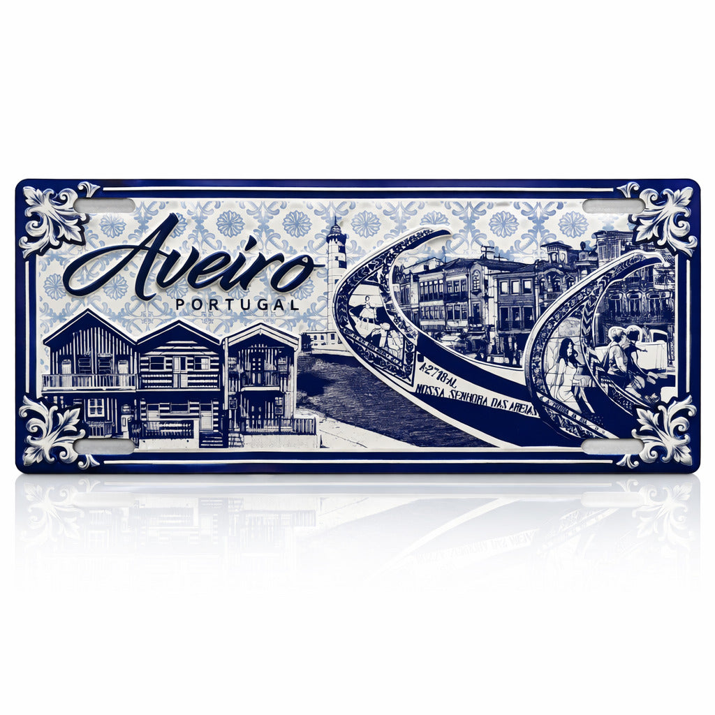 Aveiro Portugal souvenir metal sign with Moliceiro boat, Costa Nova striped houses and blue azulejos tile design.