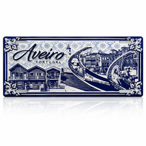 Aveiro Portugal souvenir metal sign with Moliceiro boat, Costa Nova striped houses and blue azulejos tile design.