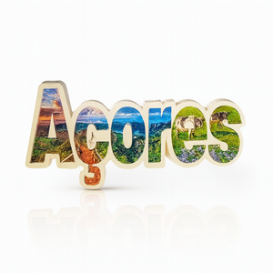 A fridge magnet in the shape of the word 'Açores' filled with panoramic images of the Azorean landscapes.
