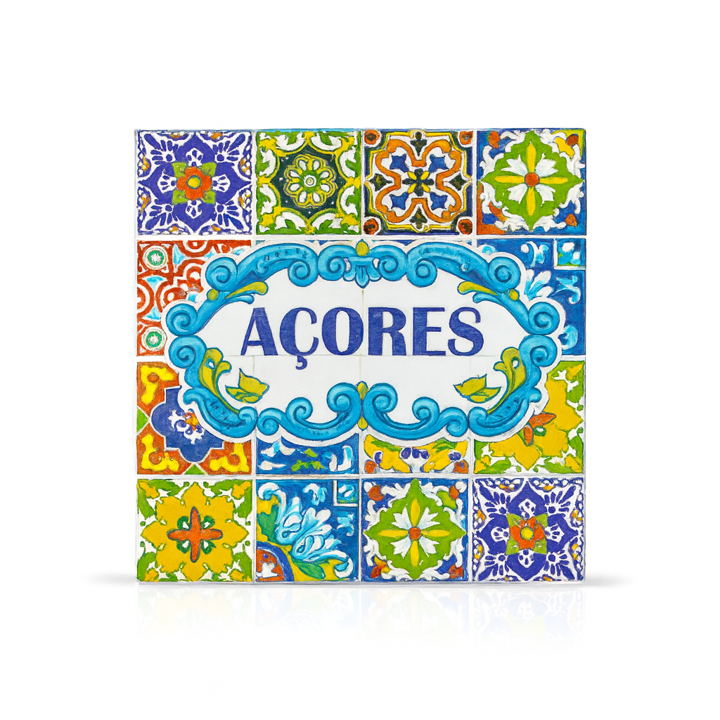 Azores souvenir magnet featuring the word “Açores” in the center, framed by traditional Portuguese tile patterns in vibrant ceramic-style design.