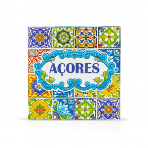Azores souvenir magnet featuring the word “Açores” in the center, framed by traditional Portuguese tile patterns in vibrant ceramic-style design.