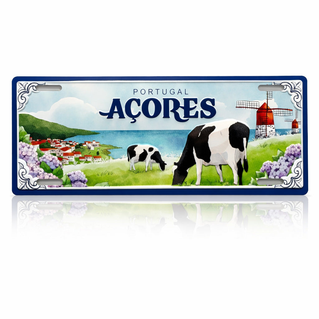 Azores Portugal souvenir metal sign featuring Atlantic island landscape with cows, hydrangea flowers and traditional windmill.