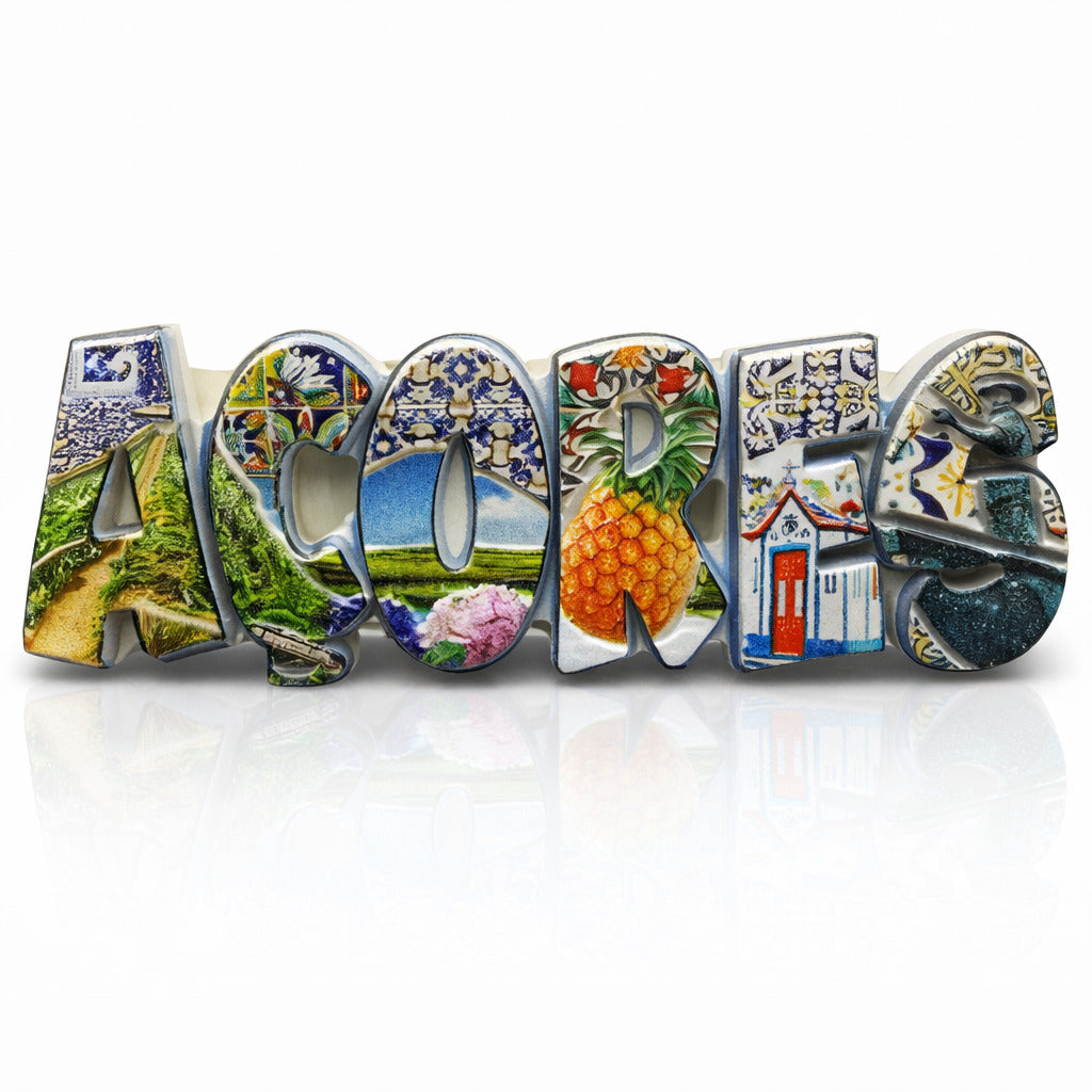 Azores Portugal souvenir magnet with typographic design, azulejo-style patterns, pineapple imagery, island landscapes, and traditional houses