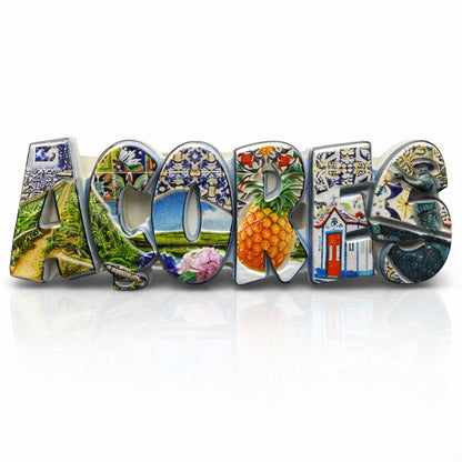 Azores Portugal souvenir magnet with typographic design, azulejo-style patterns, pineapple imagery, island landscapes, and traditional houses