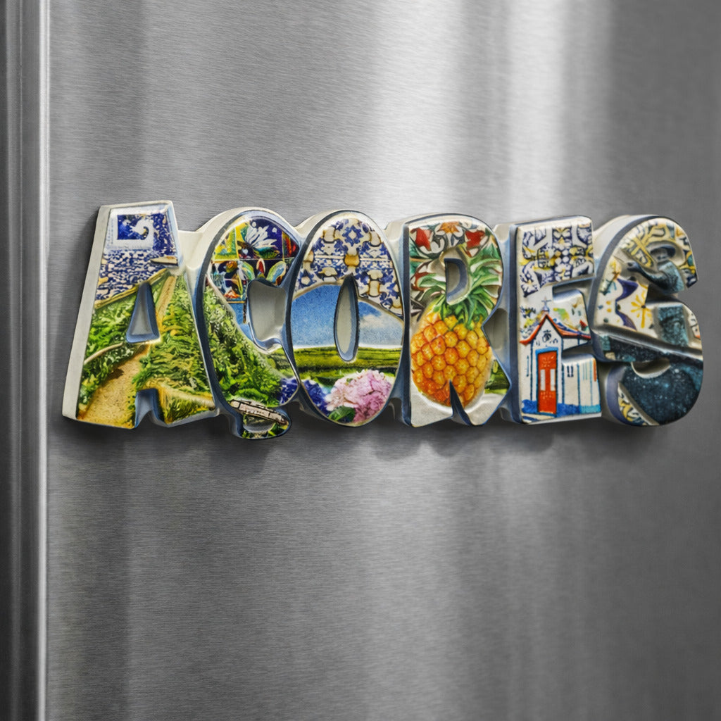 Azores Portugal souvenir magnet placed on a fridge with typographic design, azulejo-style patterns, pineapple imagery, island landscapes, and traditional houses