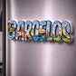 Barcelos souvenir magnet with historic architecture, riverside scenery and tile-inspired decorative patterns placed on a fridge