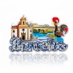 Barcelos souvenir magnet with Galo de Barcelos illustration, historic buildings and traditional tile patterns