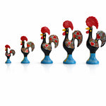 Portugal Barcelos rooster ceramic souvenir displayed in multiple sizes from small to large.