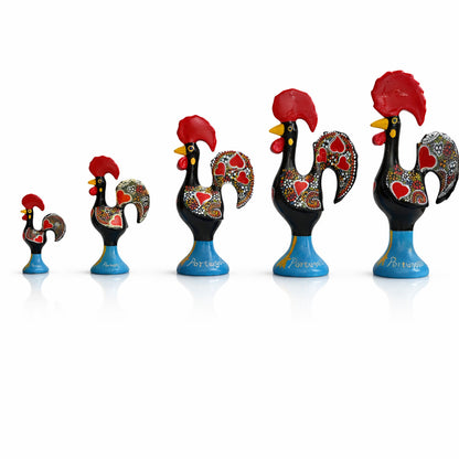 Portugal Barcelos rooster ceramic souvenir displayed in multiple sizes from small to large.