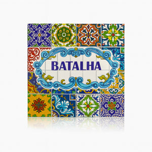 Batalha souvenir magnet featuring the name "Batalha" framed by traditional Portuguese tile patterns and ceramic-style ornamental design.