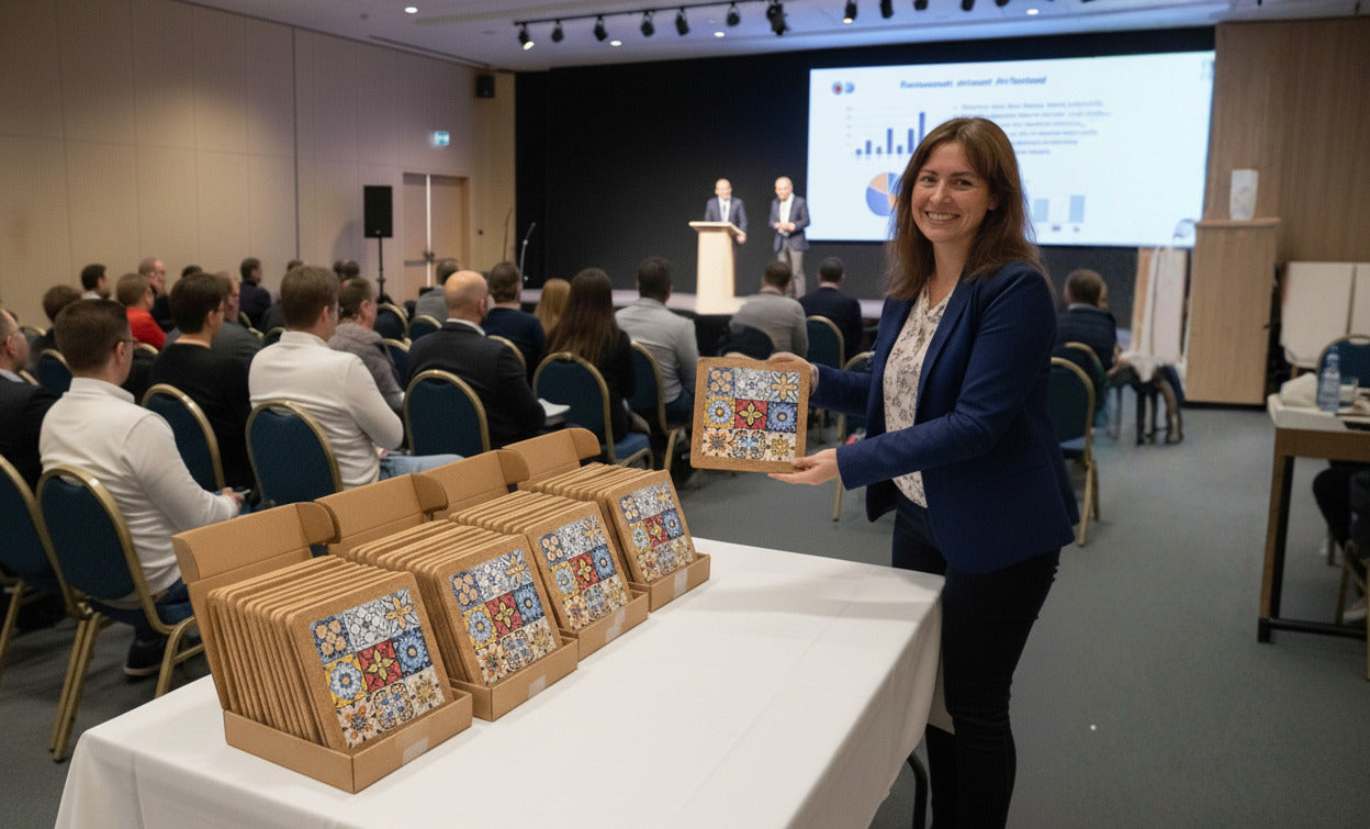Corporate event in Portugal featuring Belsuv Portuguese souvenirs – cork trivets displayed as gifts for guests