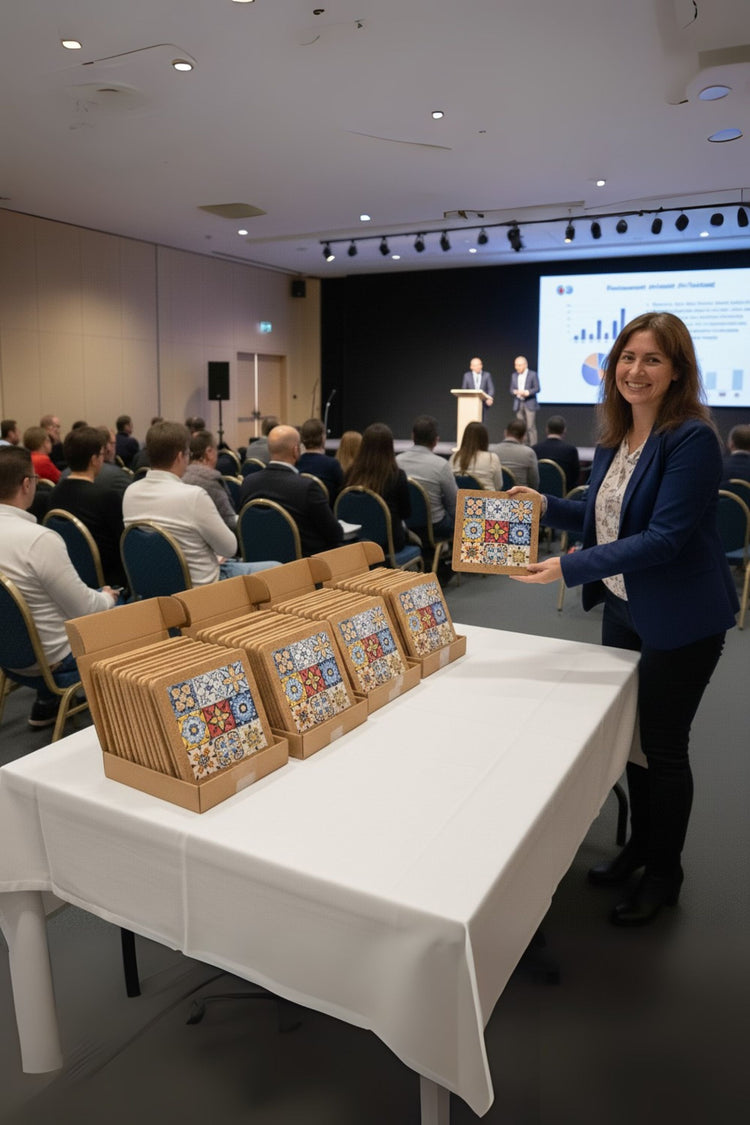 A Belsuv showcasing Portuguese cork trivets as corporate souvenirs at a business event in Portugal.