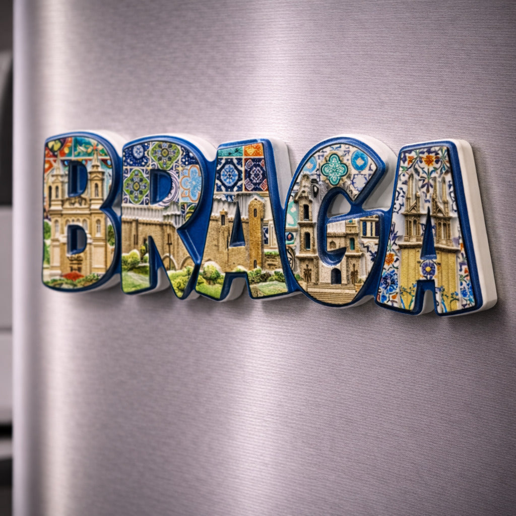 Braga souvenir magnet with historic churches, monuments and tile-inspired decorative patterns placed on a fridge