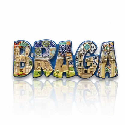 Braga souvenir magnet with historic churches, monuments and tile-inspired decorative patterns