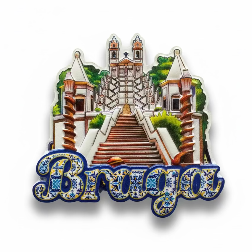 Braga souvenir magnet with illustrated monumental staircase, historic sanctuary and tile-inspired lettering