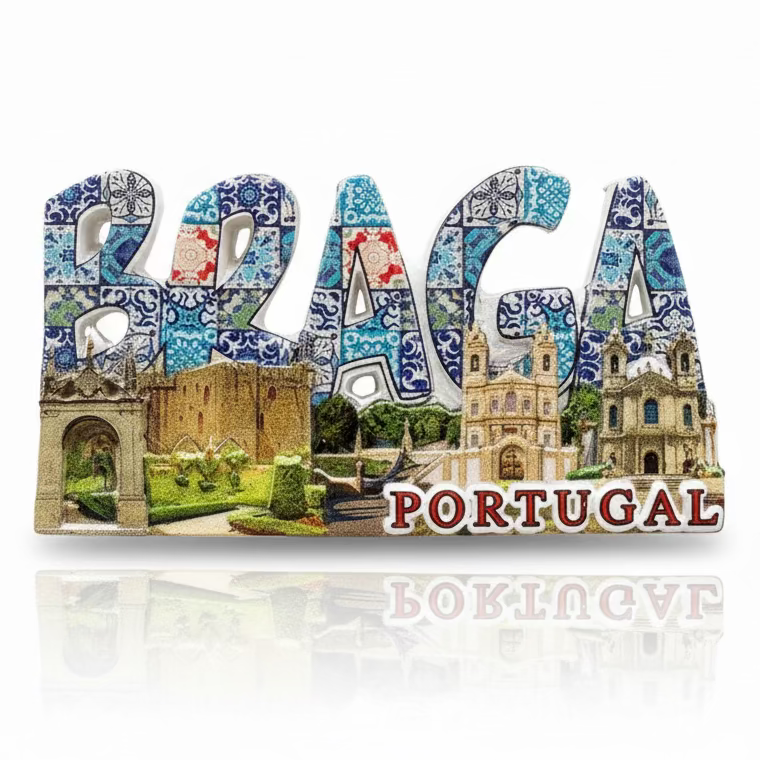 Braga Portugal souvenir magnet with historic buildings, gardens and tile-inspired decorative patterns