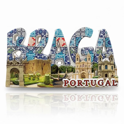 Braga Portugal souvenir magnet with historic buildings, gardens and tile-inspired decorative patterns